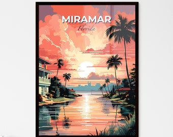 Miramar, Florida, A Poster of a sunset over a body of water with palm trees and a house. Customisable travel art print, a memorable gift.