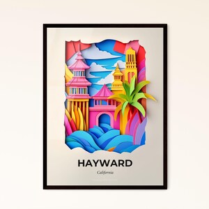 Hayward, Kalifornien - Scherenschnitt eines farbenfrohen Schlosses mit Palme – Fine Art Print, individualisierbar