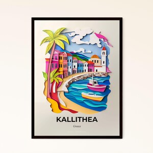 Vivid Kallithea, Grecia - un ritaglio di carta raffigurante una barca su una spiaggia - Stampa Fine Art, personalizzabile