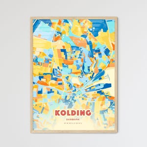 Carte artistique couleurs côtières du Danemark de Kolding, carte de la ville de Kolding Danemark - affiche personnalisable ou téléchargement numérique