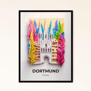 Vivid Dortmund, Deutschland - Scherenschnitt einer Kirche und einer Stadt – Fine Art Print, individualisierbar