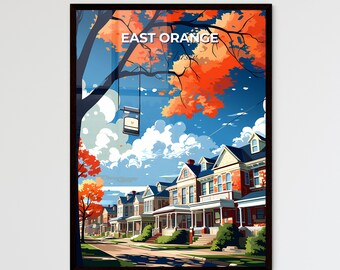 East Orange, New Jersey, A Poster of a row of houses with a sign. Customisable travel art print, a memorable gift.