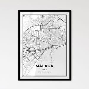 Málaga, Spanje - stadsplattegrond in Scandinavische stijl voor modern interieur - zwart-witposter