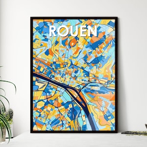 Superbe affiche de carte artistique de Rouen, France - Décoration murale vibrante pour des cadeaux uniques | Design d'intérieur élégant !