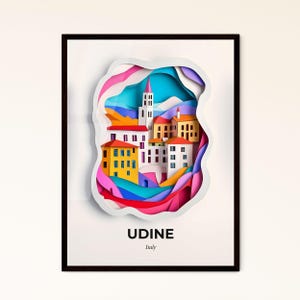 Das lebendige Udine, Italien - Scherenschnitt einer Stadt mit Glockenturm – Fine Art Print, individualisierbar
