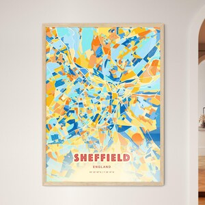 Carte artistique de couleurs côtières de Sheffield en Angleterre, carte de la ville de Sheffield en Angleterre - impression poster personnalisable ou téléchargement numérique