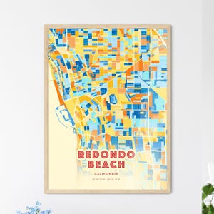 Mapa artístico de colores costeros de Redondo Beach, California. Póster creativo de ciudad natal de Redondo Beach, EE. UU., en dos tonos. También disponible como descarga digital.