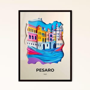 Pesaro, Italia - ritaglio di carta di una città sull'acqua - Stampa Fine Art, personalizzabile