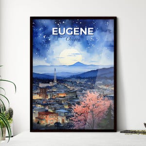 “Eugene, Oregon, eine Stadtansicht mit einem Berg – Travel Skylines Collection | Personalisierbar