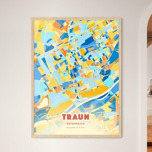 Carte artistique des couleurs côtières de Traun, Autriche, plan de la ville de Traun, Autriche - affiche personnalisable ou téléchargement numérique