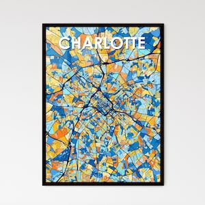 Impression artistique de carte de Charlotte NC - Vibrant | Décoration murale colorée pour un design d'intérieur unique (fr) | Des cadeaux personnalisables parfaits !