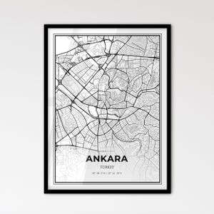 Ankara, Turquía - Mapa de la ciudad de estilo escandinavo para una decoración moderna del hogar - Póster en blanco y negro