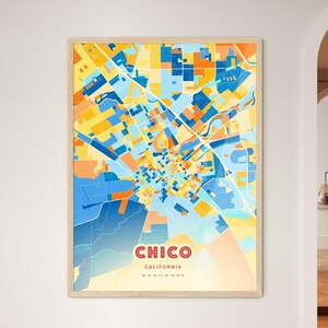 Carte d'art couleurs côtières de Chico Californie, affiche créative bicolore de ville natale de Chico Usa, également en téléchargement numérique