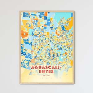 Carte d'art de couleurs côtières d'Aguascalientes au Mexique, carte d'Aguascalientes de Mexico - affiche personnalisable ou téléchargement numérique