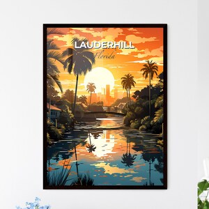 Lauderhill, Florida, un tramonto su un fiume con palme e un ponte – Collezione Travel Skylines / Personalizzabile