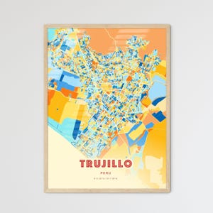 Mapa de arte com cores costeiras de Trujillo, Peru, mapa da cidade de Trujillo, Peru - pôster personalizável, impressão ou download digital