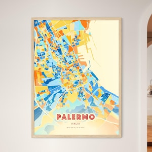 Carte artistique de couleurs côtières de Palerme en Italie, carte de la ville de Palerme en Italie - impression poster personnalisable ou téléchargement numérique