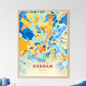 Mapa artístico de colores costeros de Durham, Inglaterra. Mapa de la ciudad de Durham, Inglaterra: impresión de póster personalizable, enmarcada o en dibond de aluminio.
