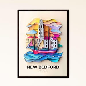 Vivid New Bedford, Massachusetts - Scherenschnitt eines Bootes im Wasser – Fine Art Print, individualisierbar