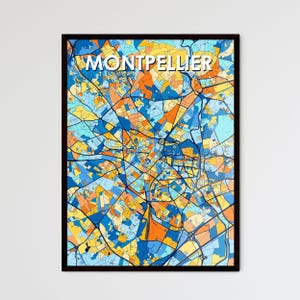 Affiche de carte artistique de Montpellier, France - Décoration murale vibrante, idée cadeau unique pour les amateurs de décoration intérieure, touche personnelle