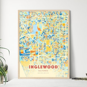 Mapa artístico de colores costeros de Inglewood, California. Póster creativo de dos tonos de la ciudad natal de Inglewood, EE. UU., también disponible como descarga digital.