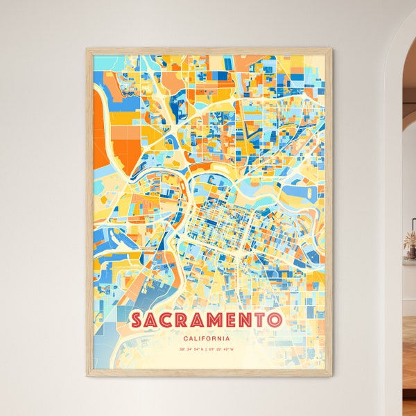 Colorful SACRAMENTO CALIFORNIA Blue Orange Fine Art Print, Sacramento Usa City Map, a perfect gift.