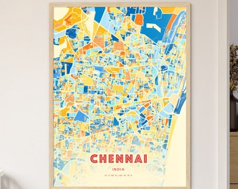Colorful CHENNAI INDIA Blue Orange Fine Art Print, Chennai India City Map, a perfect gift.