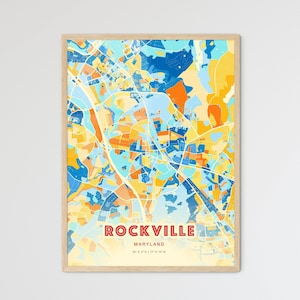 Mappa artistica dei colori costieri di Rockville, Maryland, poster creativo della città natale di Rockville, Stati Uniti, bicolore, anche come download digitale