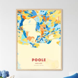 Carte artistique des couleurs côtières de Poole en Angleterre, carte de la ville de Poole en Angleterre - impression poster personnalisable ou téléchargement numérique