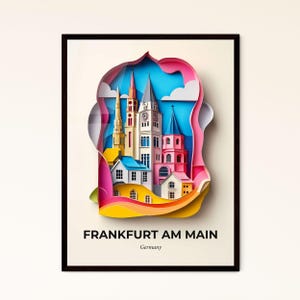 Das lebendige Frankfurt am Main, Deutschland - Scherenschnitt einer Stadt mit Glockenturm – Fine Art Print, individualisierbar