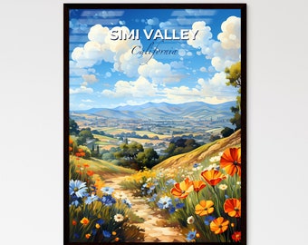 Simi Valley, California, A Poster of a painting of a landscape with flowers and trees. Customisable travel art print, a memorable gift.