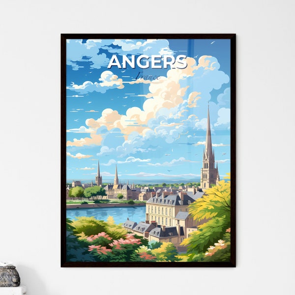 Un poster représentant la ligne d'horizon d'Angers, une ville avec une rivière et des arbres, cadeau de voyage personnalisable, oeuvre d'art de voyage