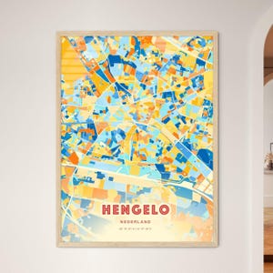 Carte artistique des couleurs côtières de Hengelo aux Pays-Bas, carte de la ville de Hengelo, Pays-Bas, impression poster personnalisable ou téléchargement numérique