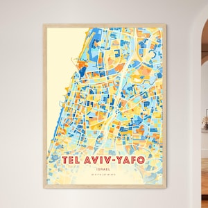 Carte artistique couleurs côtières de Tel-Aviv-Yafo Israël, carte de la ville de Tel-Aviv-Yafo Israël - affiche personnalisable ou téléchargement numérique