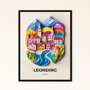 Das lebendige Leonding, Österreich - Scherenschnitt einer Stadt, von einem Fluss durchzogen – Fine Art Print, personalisierbar