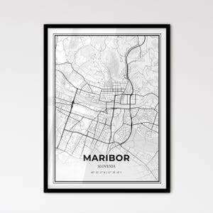 Maribor Slovénie - Plan de la ville de style scandinave pour une décoration intérieure moderne - Poster en noir et blanc