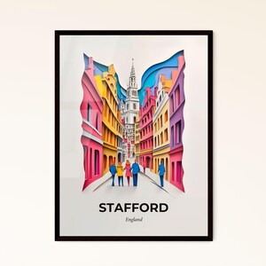 Lebendiges Stafford, England - Scherenschnitt einer Stadtstraße mit Passanten – Kunstdruck, individualisierbar