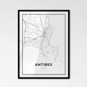Antibes, Francia - Mapa de la ciudad de estilo escandinavo para una decoración moderna del hogar - Póster en blanco y negro