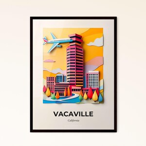 Vacaville, Kalifornien - Scherenschnitt einer Stadt, über der ein Flugzeug fliegt – Fine Art Print, individualisierbar