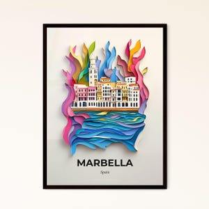 Lebendiges Marbella, Spanien - Scherenschnitt einer Stadt mit Glockenturm – Fine Art Print, individualisierbar