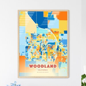 Mapa de arte em cores costeiras da Califórnia em Woodland, mapa da cidade dos Estados Unidos em Woodland - impressão de pôster personalizável, emoldurada ou em alumínio dibond