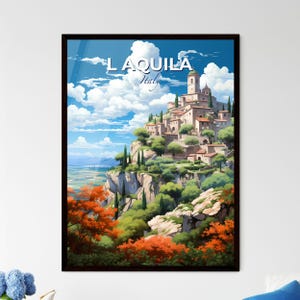 L'Aquila, Italia, un dipinto di una città su una collina – Collezione Travel Skylines / Personalizzabile