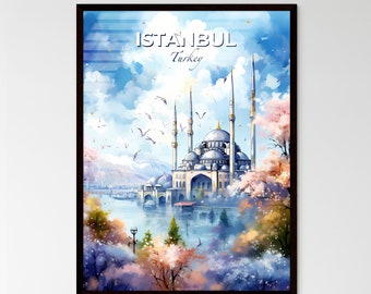 Istanbul Turkey Skyline - A Painting Of A Building With Towers And A River And Birds Flying  - Customizable Travel Gift