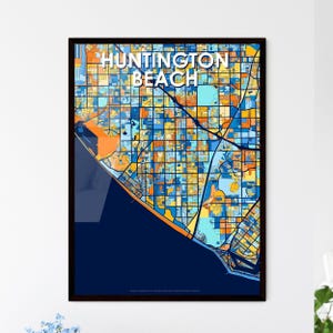 Carte artistique de Huntington Beach - Impression aux couleurs vives pour une décoration murale unique | Cadeaux personnalisables pour la maison | Amoureux de la plage