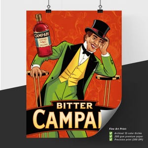 Uomo d'epoca con bottiglia di Campari in posa allegra su sfondo floreale arancione vibrante