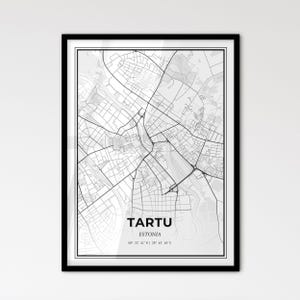 Tartu Estonie - Plan de la ville de style scandinave pour une décoration intérieure moderne - Poster en noir et blanc