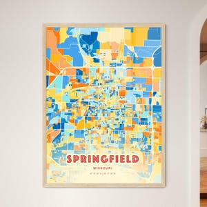 Impresión colorida del mapa de Springfield: arte mural abstracto de la ciudad