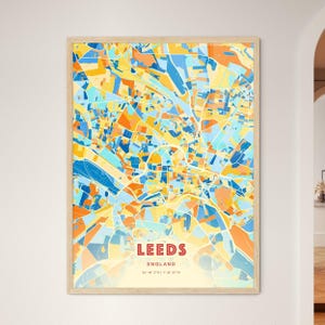 Carte artistique de Leeds Angleterre couleurs côtières, carte de la ville de Leeds Angleterre - impression poster personnalisable ou téléchargement numérique