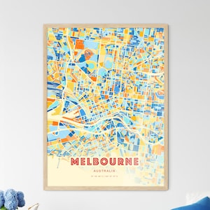 Colorful MELBOURNE AUSTRALIA Blue Orange Fine Art Print, Melbourne Australia City Map, a perfect gift.