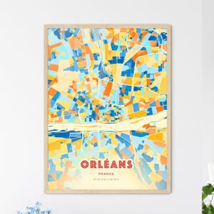Carte artistique d'Orléans France couleurs côtières, carte de la ville d'Orléans France - impression poster personnalisable ou téléchargement numérique